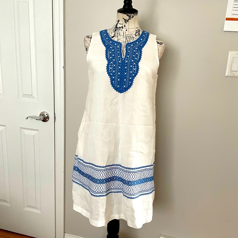 NWOT J. McLaughlin Linen Coastal Embroidery Tunic Tired Relax Geometric slip M
